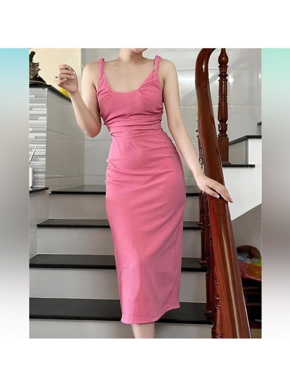 ZARA Twisted Straps Straight Cotton Dress Pink Sleeveless Round Neck Midi Sz XL